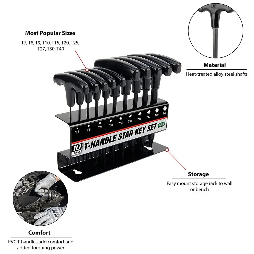 10pc Metric Or Inch T-Handle Hex Key Allen Wrench Tool Set Or Star T-Handle Hex Key Set with Convenient Storage Stand
