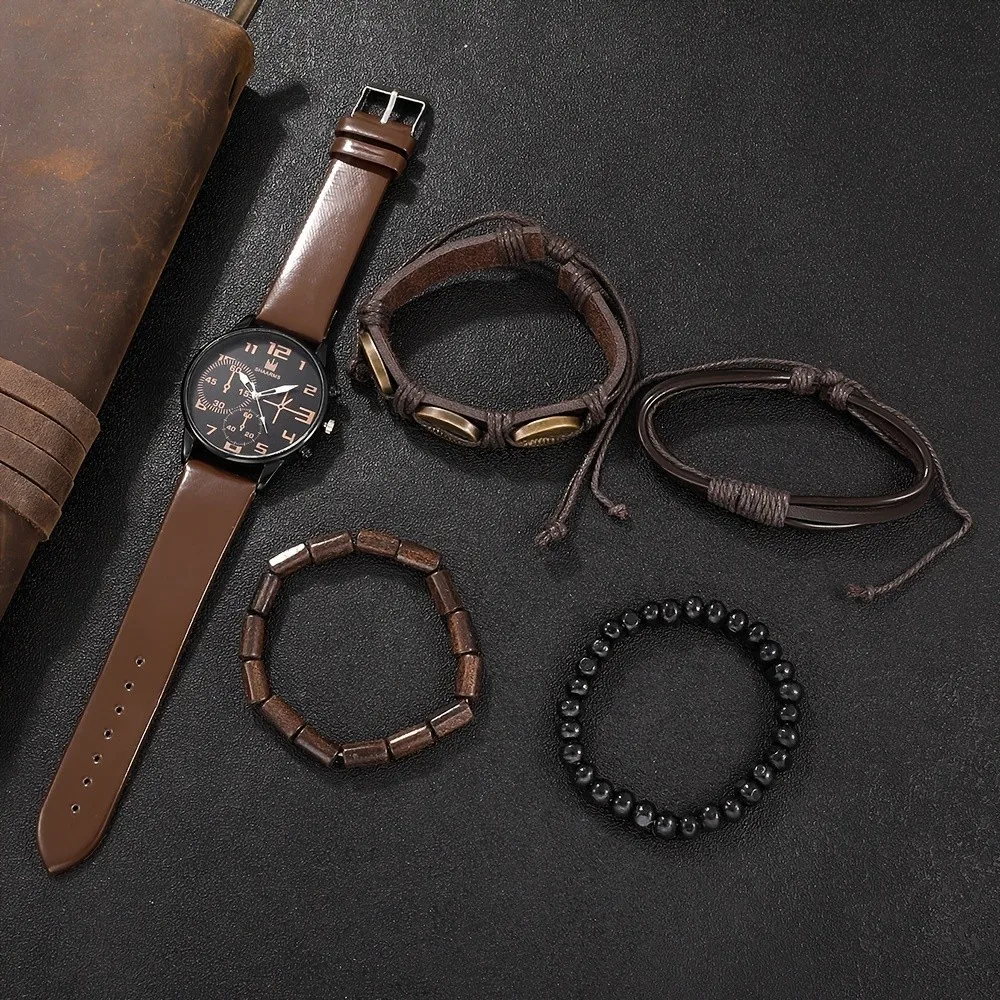 Kegllect 5PCS Men Quartz Watch Round Dial Leather Strap  Bracelet Set Ideal Choice for Gifts(Without Box) 5