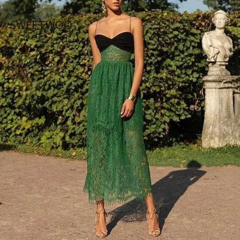 

Fashion Women's Dress New Sleeveless Patchwork Contrast Color Lace Mid-Calf Spaghetti Strap Dresses Summer 2023