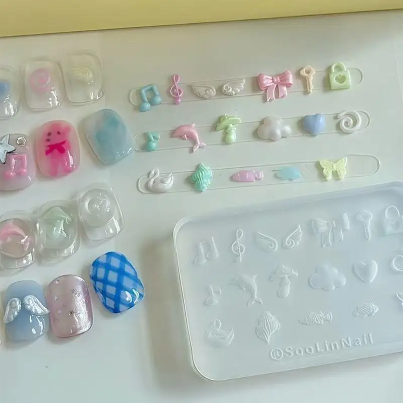Y2k Dolphin Musical Note Silicone Nail Mold Cartoon Puppy Bowknot Nails Templates Manicure Design Tools DIY Nail Art Decoration