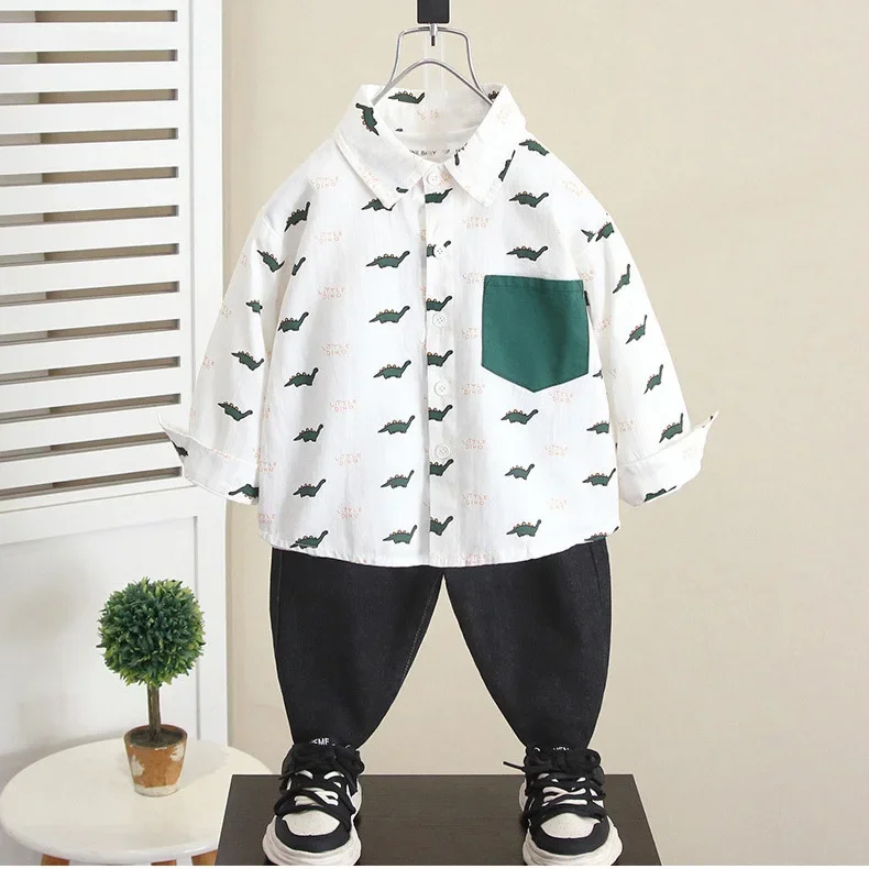 Cool Dinosaur Long Sleeve Shirt for Boys Spring Autumn Children's Clothing Dino Print Fashionable Baby Outfit