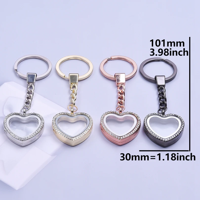 

5PCS Rose Black Gold Color Heart With Rhinestone Glass Living Memory Locket For DIY Floating Charms Medallion Photo Keychain