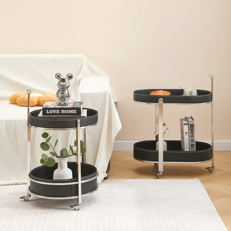 Creative Sofa Side Table with Storage, Internet Famous Coffee Table, Movable Leather and Stainless Steel Design, Modern