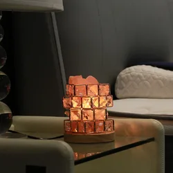 Himalaya – Cube de sel en cristal, Base en bois, cristal géométrique, cadeau veilleuse, ornement, lampe en fer 