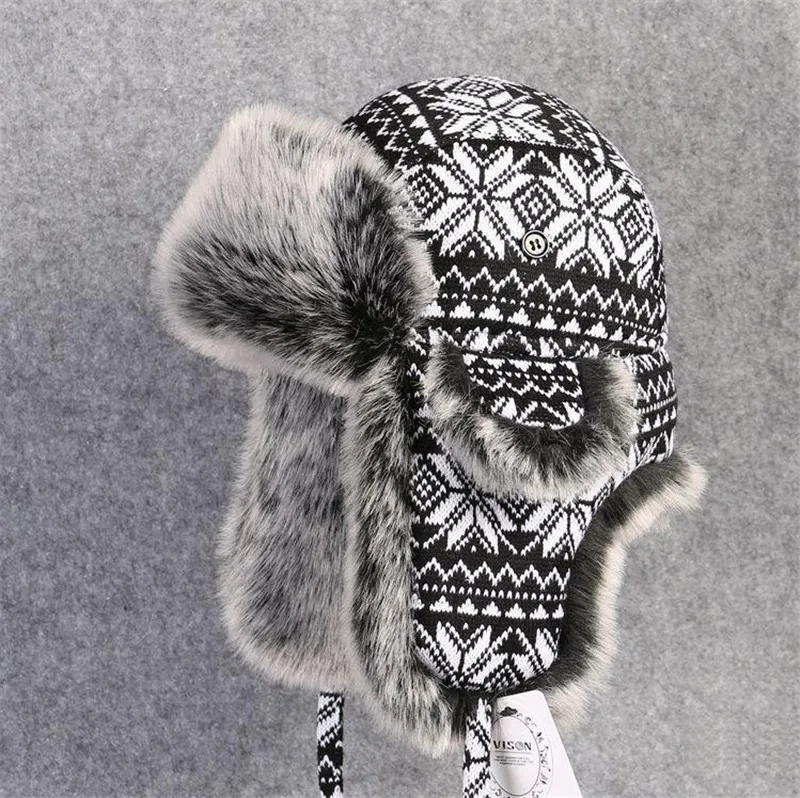 Thick knitting hairy cap Windproof Winter Warm hat Printed snowflake pattern Earmuff Ear Flaps Hiking cap