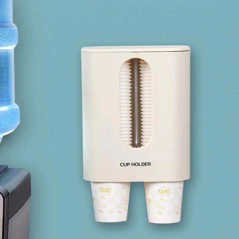 Dispenser Paper Cup Holder Double-Cylinder With Lid Disposable Paper Cups Holder Office Wall Mounted Plastic Cups Distributor