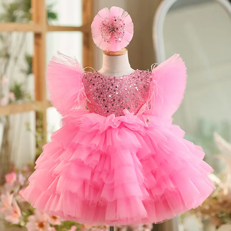 Light luxury gorgeous girl dress cute girl super glitter pinkyard skirt  Little flying sleeve baby baby birthday party dress - AliExpress 1501