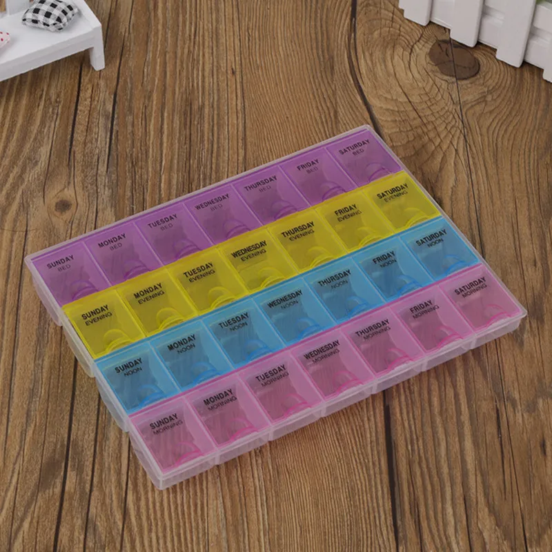 1pcs 4 Row 28 Squares 7 Days Weekly Tablet Pill Medicine Box Holder