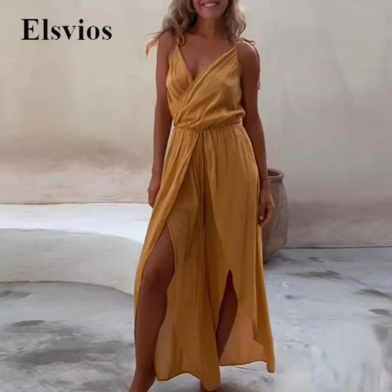 

Casual Fashion Split Pants & Dress Romper Women V Neck Backless Boho Playsuit Overalls Spring Summer Tie-up Sling Beach Jumpsuit