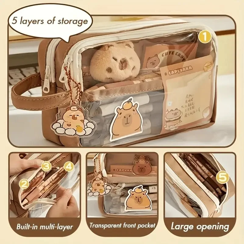 카피바라 캔버스 필통 세트 - 인형 및 액세서리가 포함된 다중 수납 정리함 |   테마별 학용품 컬렉션