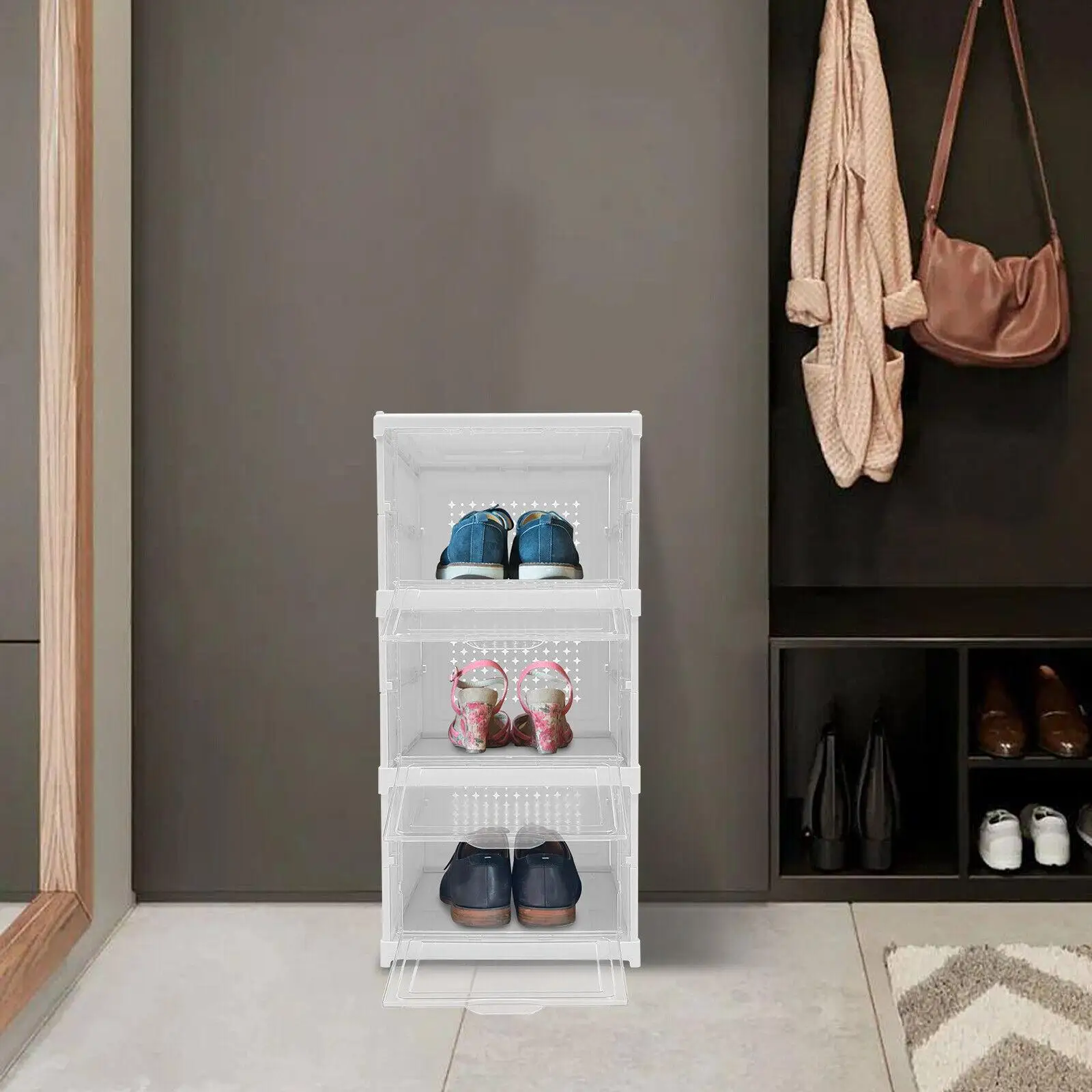 

3/6 Layer Installation-Free Shoe Box With Transparent Doors Stackable Shoe Cabinet Foldable Entryway Shoe Rack Storage Organizer