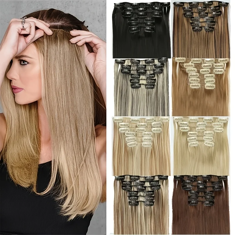 Extension per capelli con 16 clip, 24 pollici, lunghi e lisci, sintetici, biondi e neri, resistenti al calore, 6 pezzi/set - immagine 3
