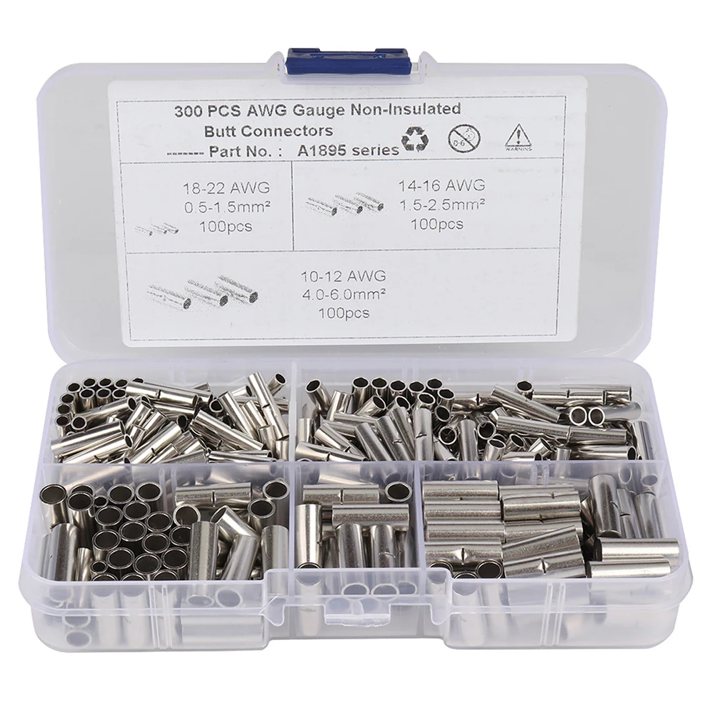 

300Pcs Non-Insulated Butt Connectors Gauge Seamless Uninsulated Electrical Wire Ferrule Cable Crimp Terminal Kit