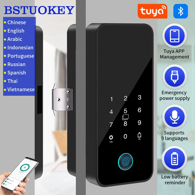 Tuya Smart Life บลูทูธประตูกระจกล็อคดิจิตอลลายนิ้วมือ Biometric ล็อคแก้วไม่มีเจาะรองรับ App ปลดล็อคโดยไม่ต้องเจาะ 1
