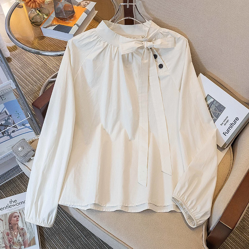 

SuperAen Весна 2024 новый шикарный дизайн пузырьковый рукав круглый вырез длинный рукав рубашка для женщин