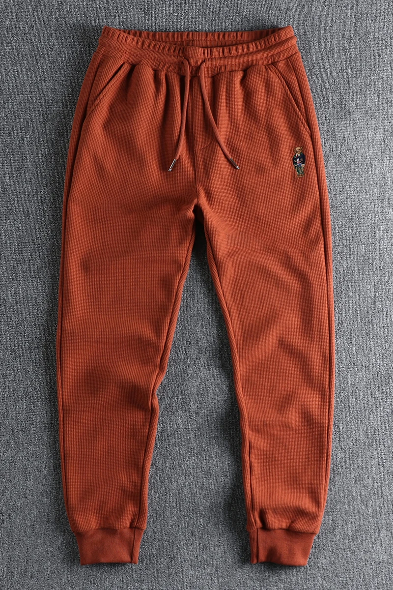 Autumn American Simple Waffle Embroidery Sweatpants Men\'s Fashion Pure Cotton Loose Elastic Waist Drawstring Sport Casual Pants