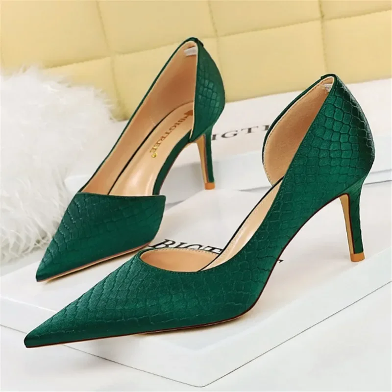 

Женские элегантные туфли-лодочки на высоком каблуке 7,5 см и 10,5 см, женские туфли-лодочки, шелковые атласные туфли зеленого и серебряного цвета на шпильке для свадьбы, Фетиш-Обувь На низком каблуке