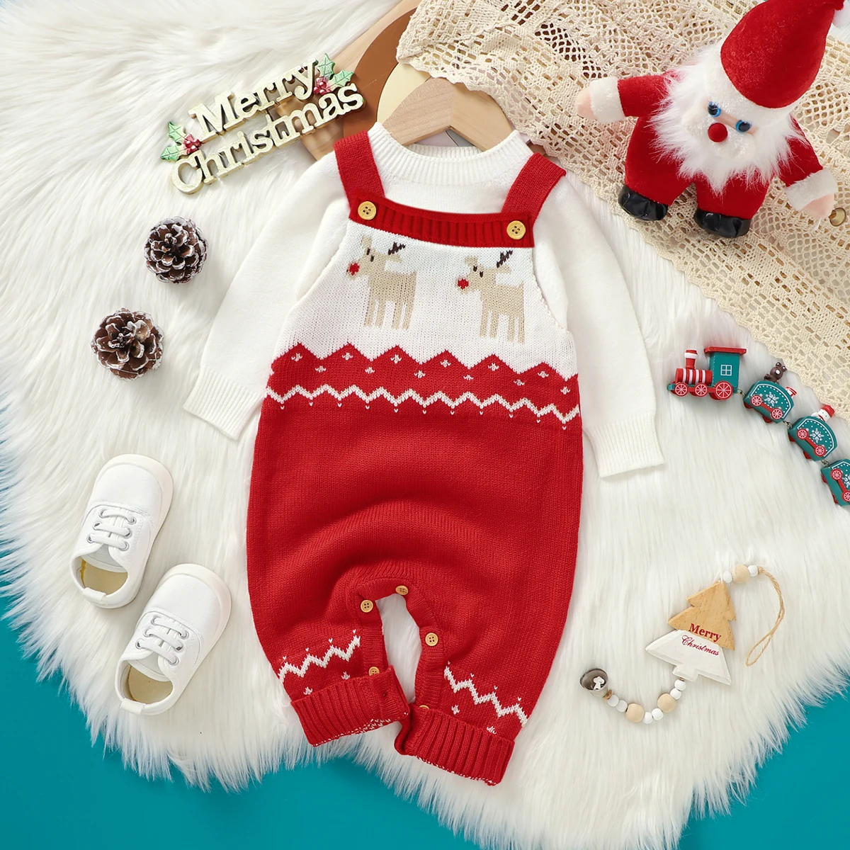 Babyhug Knitted Full Sleeves Winter Wear Romper with Santa Applique - Red main image 1