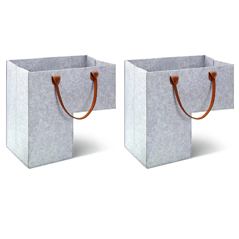 

2X корзина для лестницы с кожаными ручками, внутренняя поддержка для 16-дюймовой складной корзины из войлока (серый)