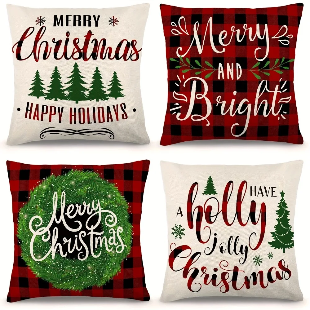 Description Picture 4 of item4pcs, Red Christmas Pillow Covers Christmas Decor Wreath Santa Claus Tree Holly Jolly Winter Holiday Decor Cushion Case For Home