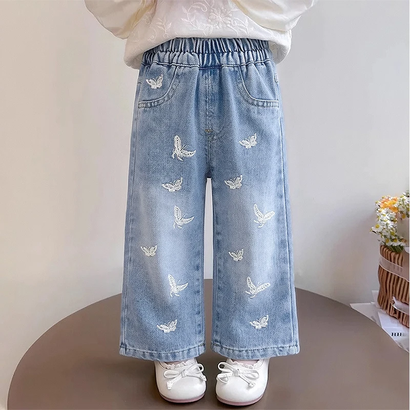 여아 청바지 봄 가을 여아 워싱 소프트 데님 아동 한국 스타일 스트레이트 와이드 팬츠 루즈핏 롱 팬츠