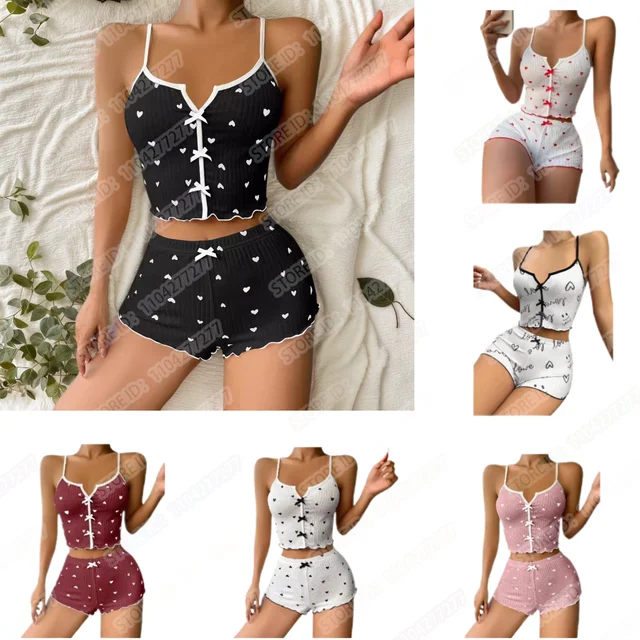 Women Sexy Sleepwear Pajamas Set Heart Print Silk Stain V-Neck Sleeveless Sexy Lingerie Casual Cami and Shorts Sets Loungewear 1