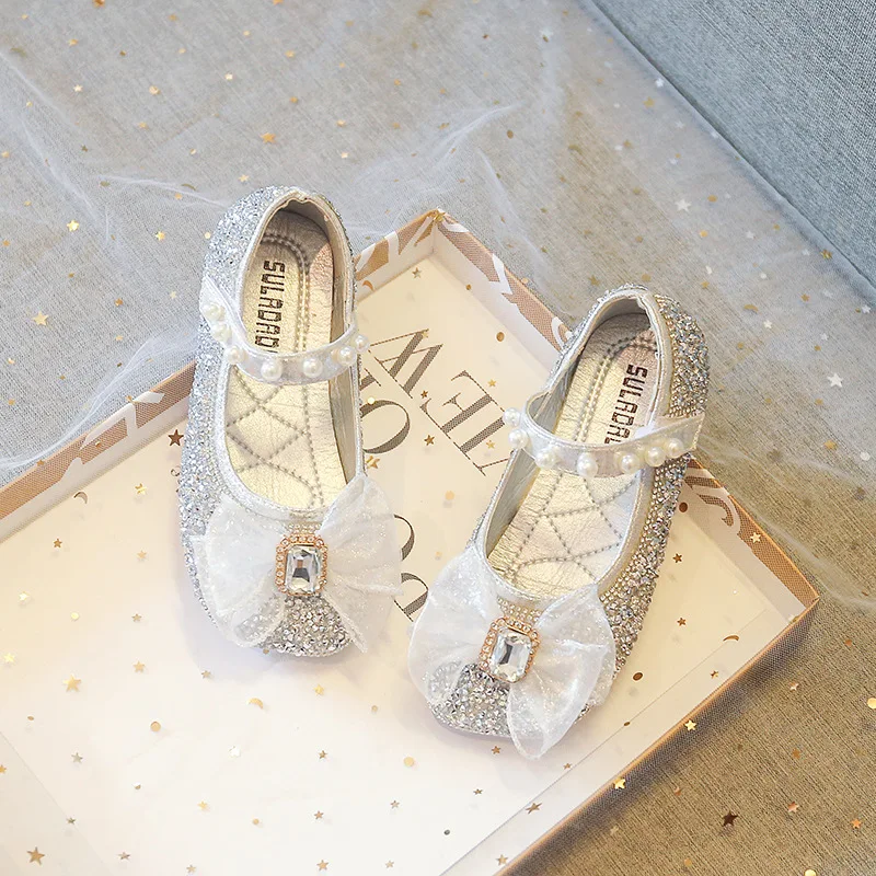 

Children Leather Shoes Autumn/spring Kids Girls' Diamond Crystal Princess Shoes With Bow Pearl Single Sneakers