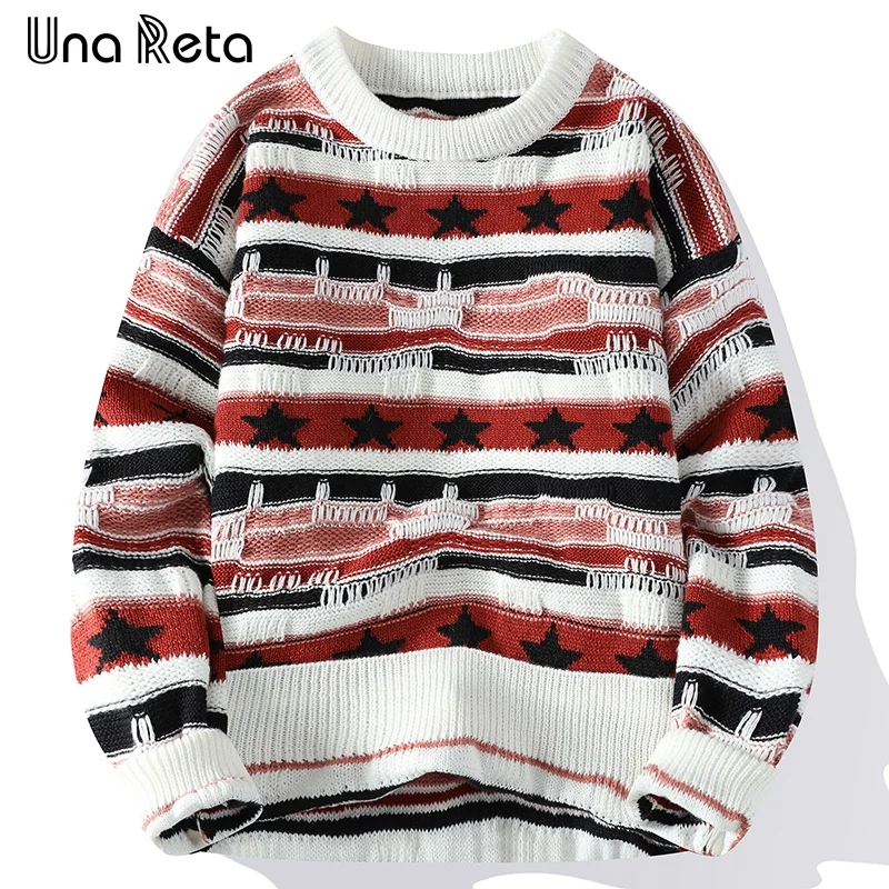 

Una Reta Autumn Winter New Men's Sweater Streetwear Hip hop Stripe Stitching Knitted Pullover Casual Tops Warm Couple Sweaters