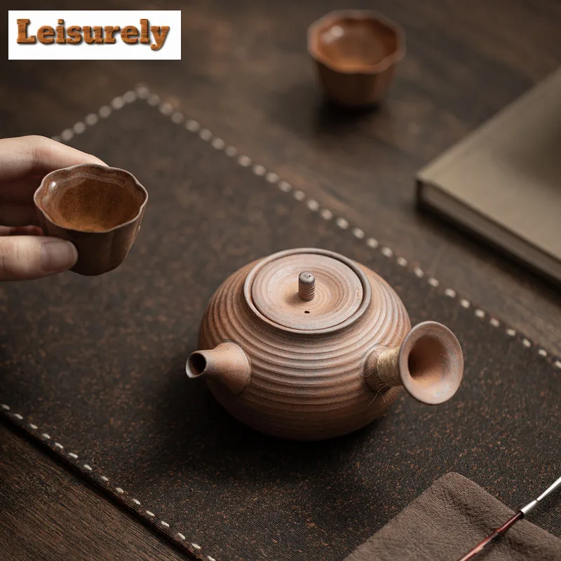 220ml Old Rock Clay Coarse Pottery Side Handle Teapot Retro Tea Infuser Pot Tea Making Kettle with Filter Tea Services Ornaments