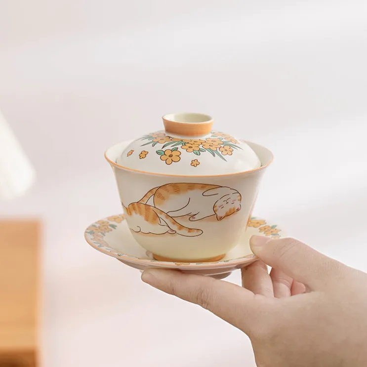 Chinese Hand-painted Cute Cat Gaiwan Handmade Ceramic Tea Tureen Teacup Household Tea Bowl Travel Portable Set Accessories