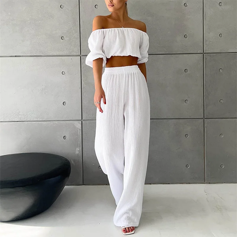 Slash Neck Off Shoulder Cropped Tees Tops Summer Ladies 2 Piece Pants Set Long Sleeve Solid Cotton Loose Casual Women Clothing