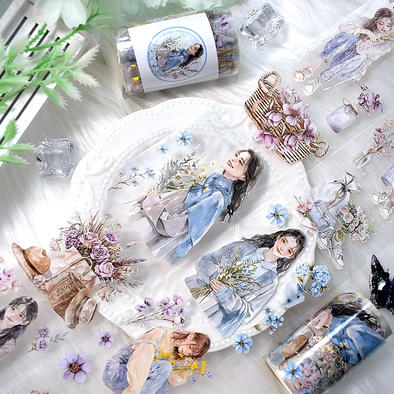 2m/Roll Washi PET Tape Girls Flowers DIY Diary Decoration Aesthetic Sticker Transparent Floral Journaling Scrapbooking Materials stationery tapes