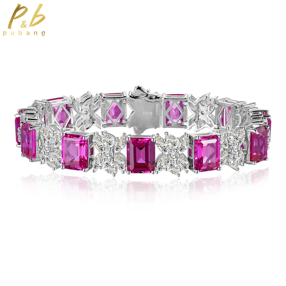 

PuBang Fine Jewelry 925 Sterling Silver Full Gemstone Bracelet Ruby Created Moissanite for Women Anniversary Gifts Drop Shipping