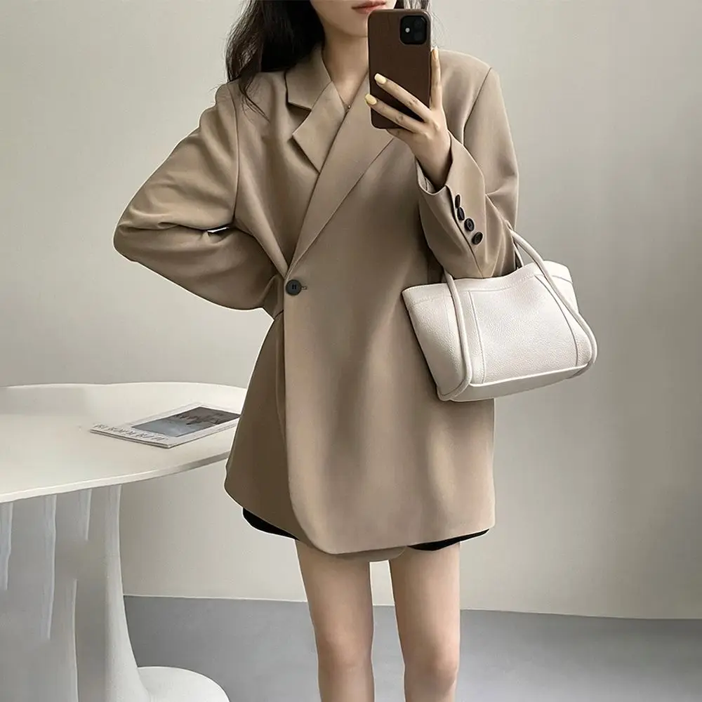 Solid Simple Blazers For Women Notched Collar Long Sleeve Single-Button Temperament Loose Jacket Female Office Lady Fashion Coat