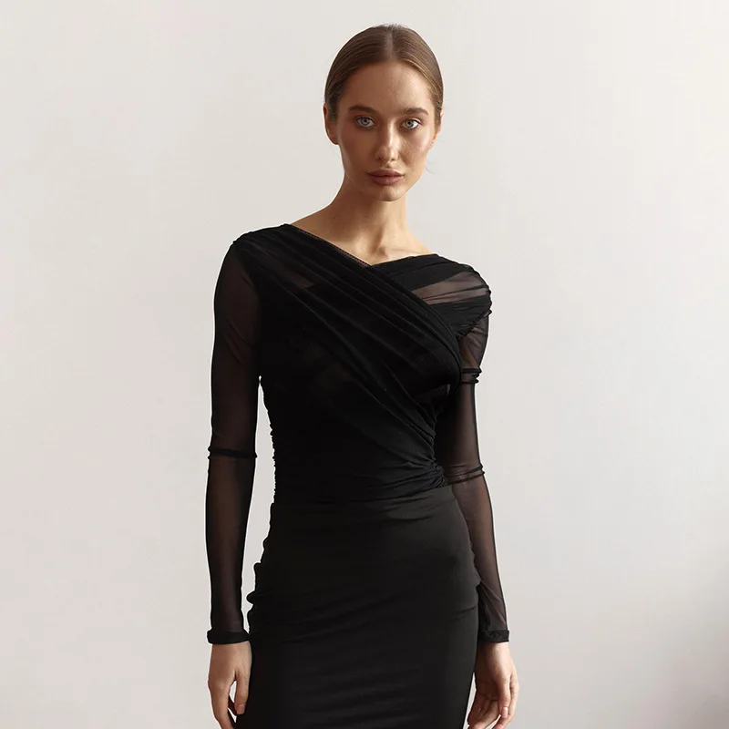 Camiseta de malla con cuello en V y retazos para mujer, top liso de manga larga, estilo Y2k, top sexy para mujer para otoño