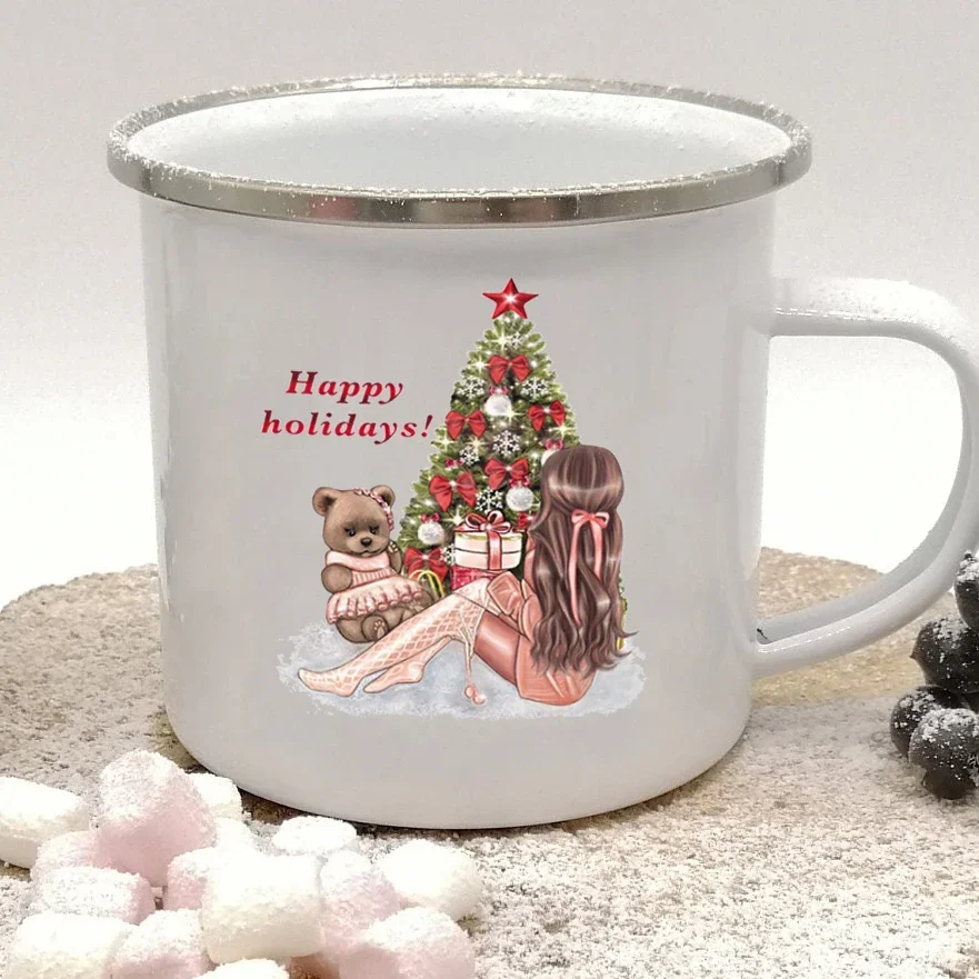 

Happy Holidays! printed Mugs Enamel handle Drink Beer Juice Cups Girl Christmas Tree Coffee Cup Xmas eve Gift For lover Friend