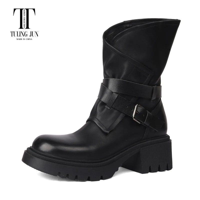 

TULING JUN 2023 Winter British Style Woman Round Head Mid-Calf Boots Solid Color High Thick Heels Shoes For Female T-W951