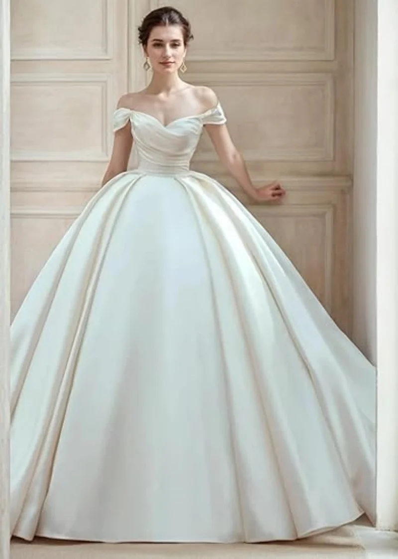 Satin Off The Shoulder Engagement Formal Ruched Wedding Dresses Ball Gown Sweetheart Cap Sleeve Bridal Gown with Court Train 3