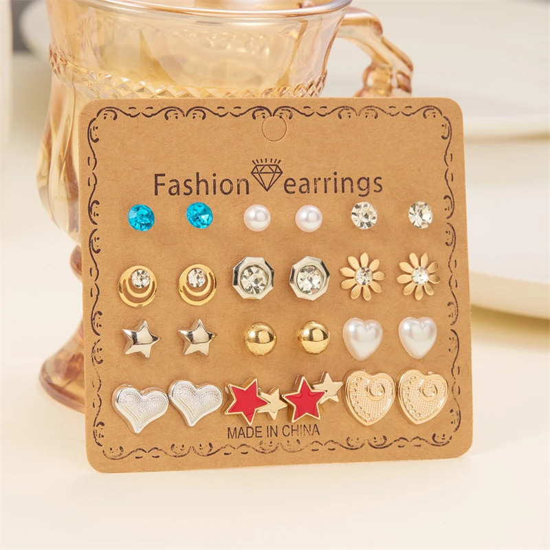 12 Pairs Combination Stud Earrings For Women Girl Shiny Zircon Moon Star Snowflake Geometric Mini Earring Party Charm Jewelry