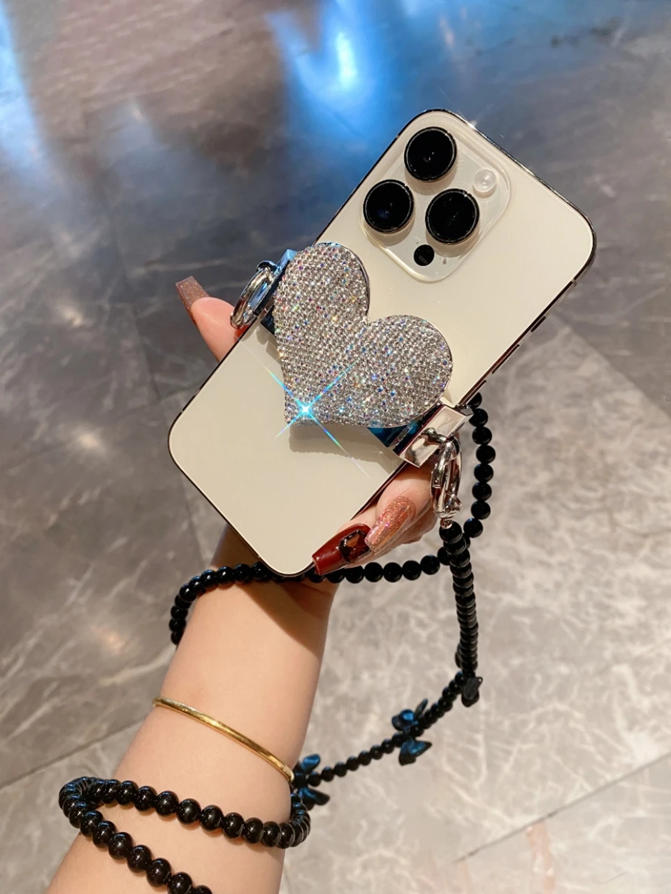 러브 하트 전화 케이스 백 클립 블랙 진주 체인 끈 다이아몬드 분실 방지 유물 ..