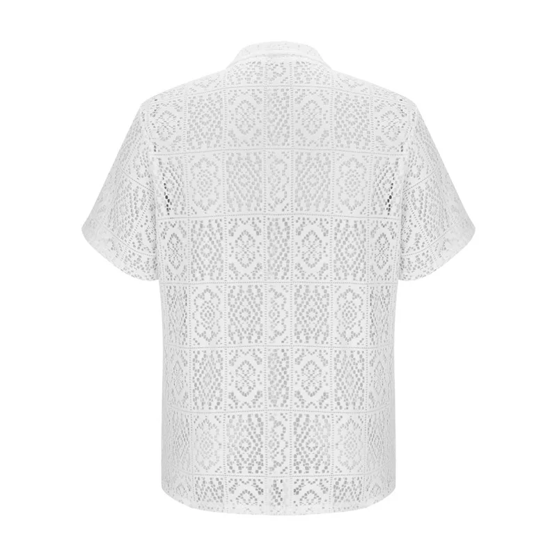 Men s Casual Short Sleeve Button Down Lace Shirts with Lapel Collar Hollow Out Design Solid Color Loose Fit Tops