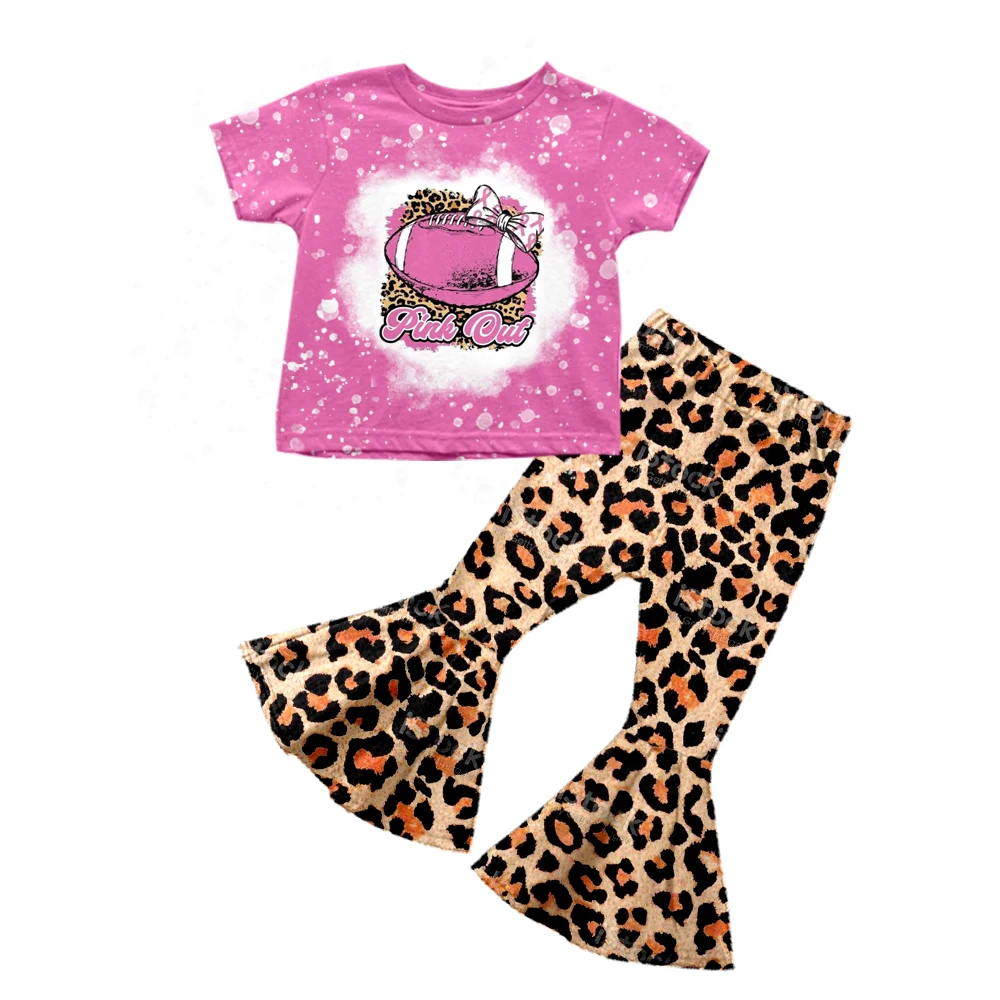 

Wholesale Girls Valentine's Day Baseball Sets Pink Out Bleach Short Sleeve Leopard Bell Bottom Pants Outfits
