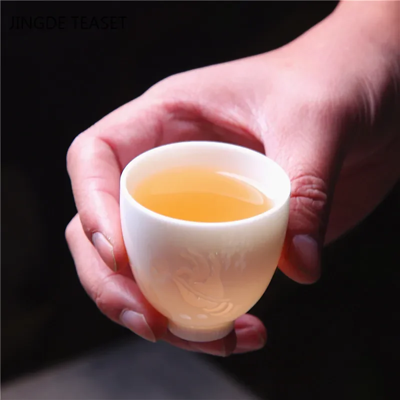 2pcs/lot Chinese Ceramic Tea Cup Teaware Suet Jade White Porcelain Handmade Teacup Tea Bowl Single Cup Master Cups Chinese Gift