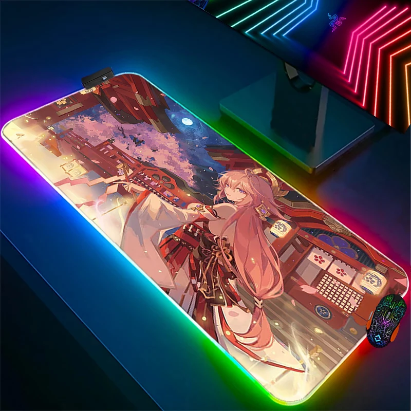 

Genshin Impact Anime RGB Big Mouse Pad Laptop Game Yae Miko Mat Gaming Accessories Tapis De Souris LED Backlit Keyboard Deskmat
