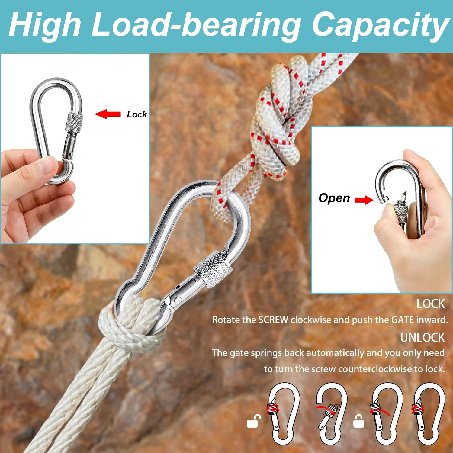 Durable Stainless Steel Locking Carabiners - Heavy Duty Clip for Camping and Outdoor Activities