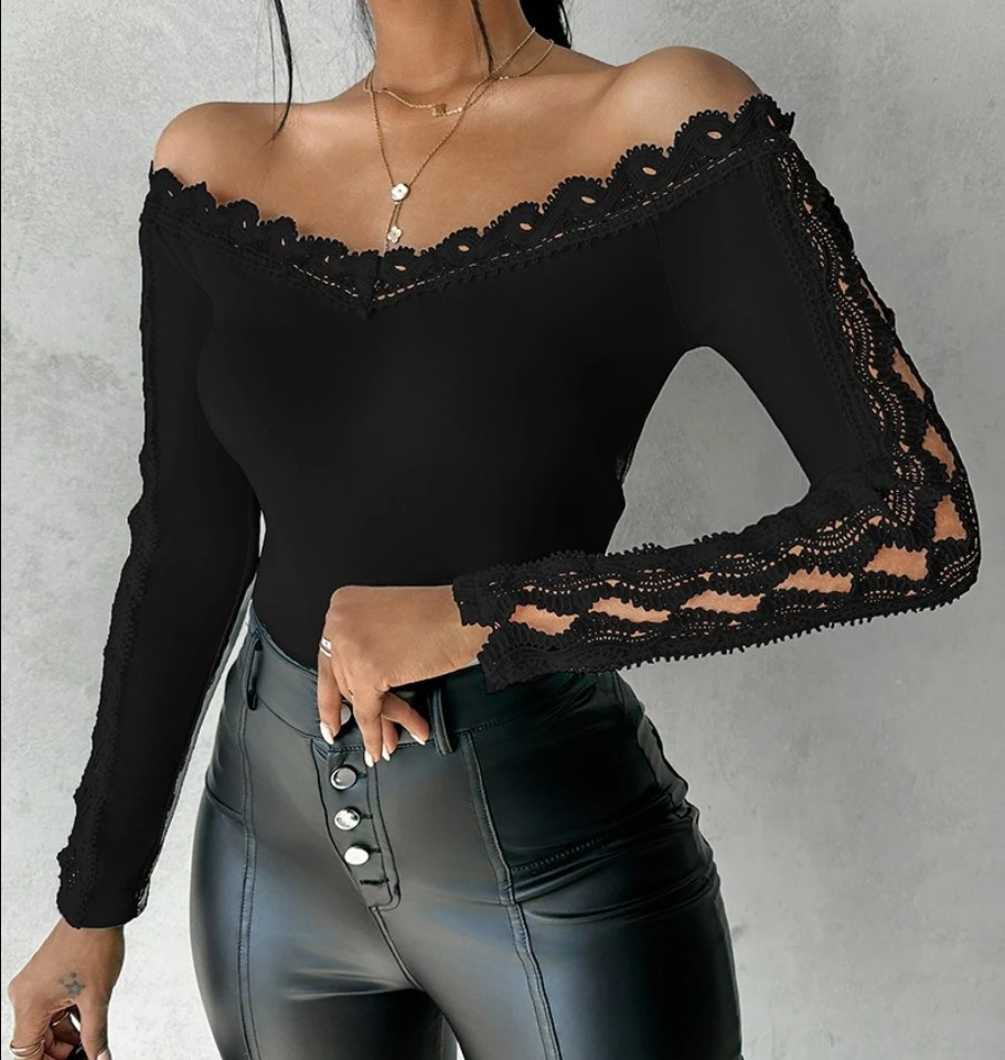 

Fashion Woman Blouse 2024 Spring New Off Shoulder Lace Long Sleeve Solid Spliced T-shirt Casual Versatile Top Pullover for Women