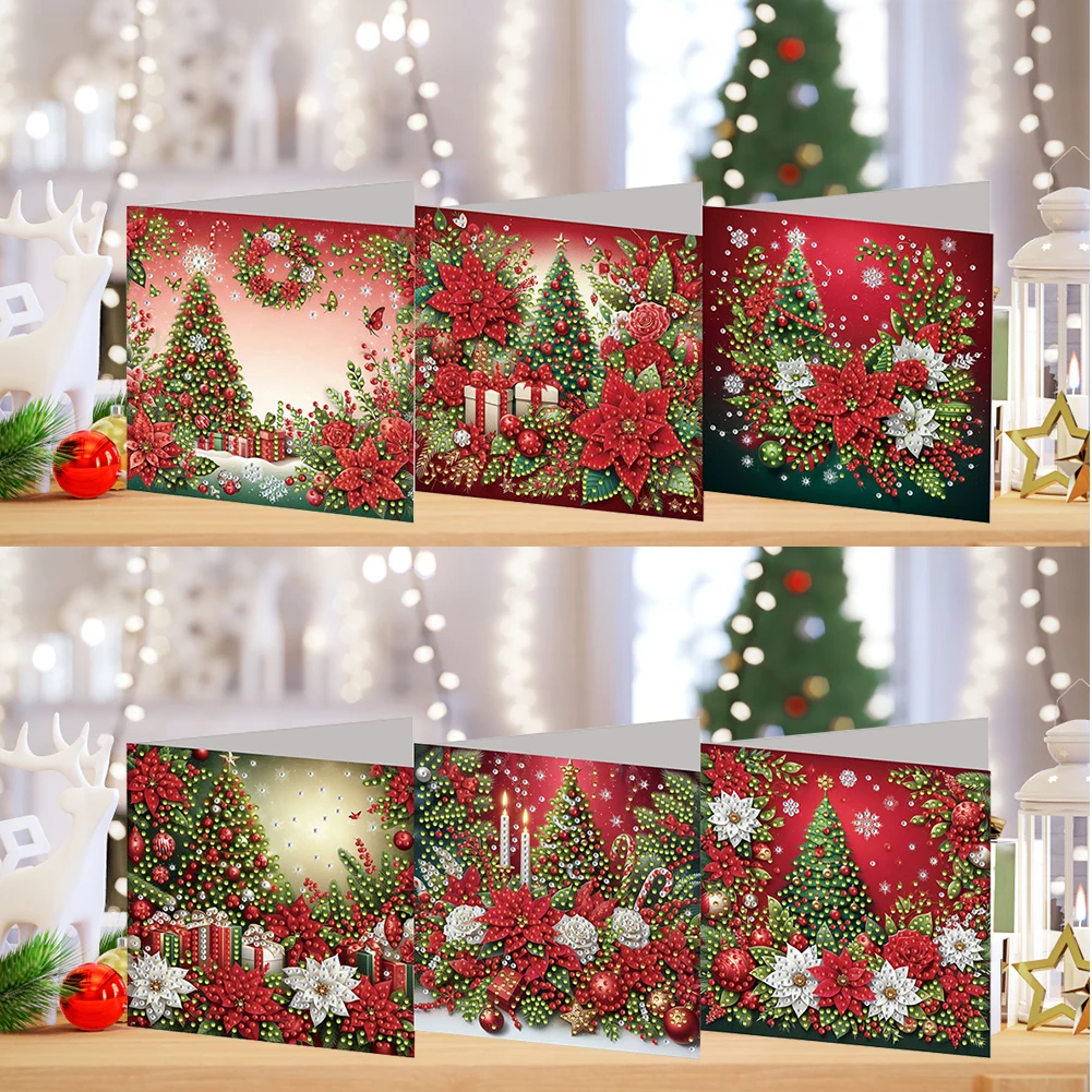 6pcs DIY Diamond Painting Greeting Card Set Xmas Designs Rhinestone Diamond Art Mosaic Postcards for Festivals and Celebrations