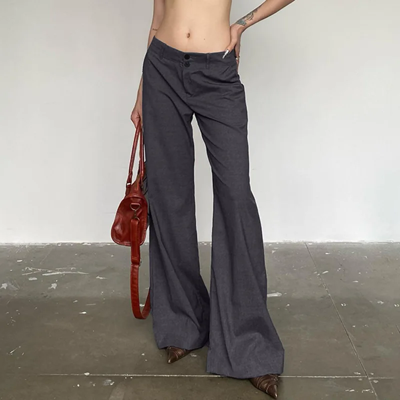Women's Autumn/Winter Casual Suit Pants Winter Spice Low-rise Two-button Wide Leg Pants Gray Pants Youthful Woman Clothes