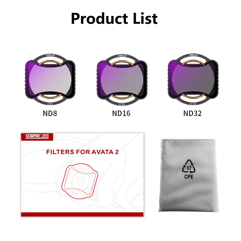 STARTRC ND filters for Avata 2 include ND8, ND16, ND32, packaging, and a storage bag.