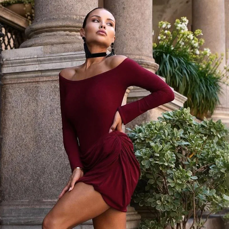Sexy Pleated Fashion Mini Dress Women's Off-Shoulder High Waist Elegant Long Sleeve Party Dress Female Solid Bodycon Dress